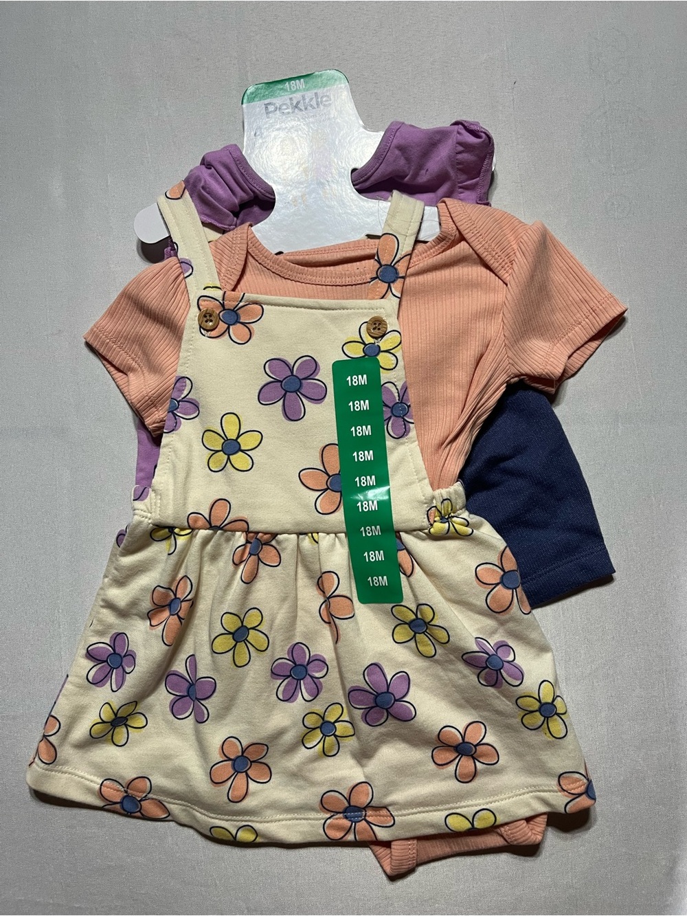 Baby Girl Floral 18M Overall Dress Bodysuit Shorts Set - Cream Purple & Peach